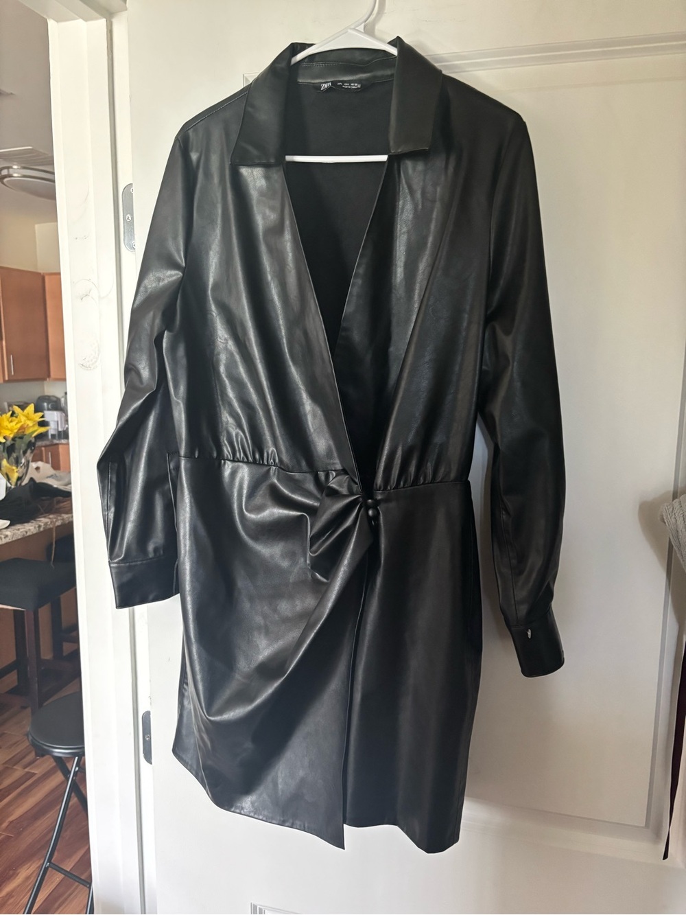 Zara Black Faux Leather Wrap Dress with Knot Waist
